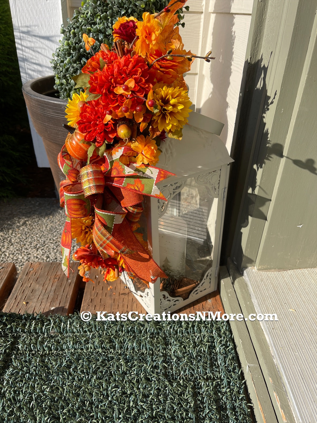 Fall Artificial Floral, Lantern Swag with Fall Ribbons and Bow on Front Porch