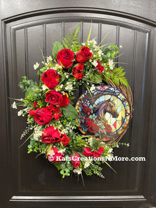Red Roses with Green Ferns and White Babies Breath Kentucky Derby Run for the Race Wreath with round simulated stained glass sign on a Black Door