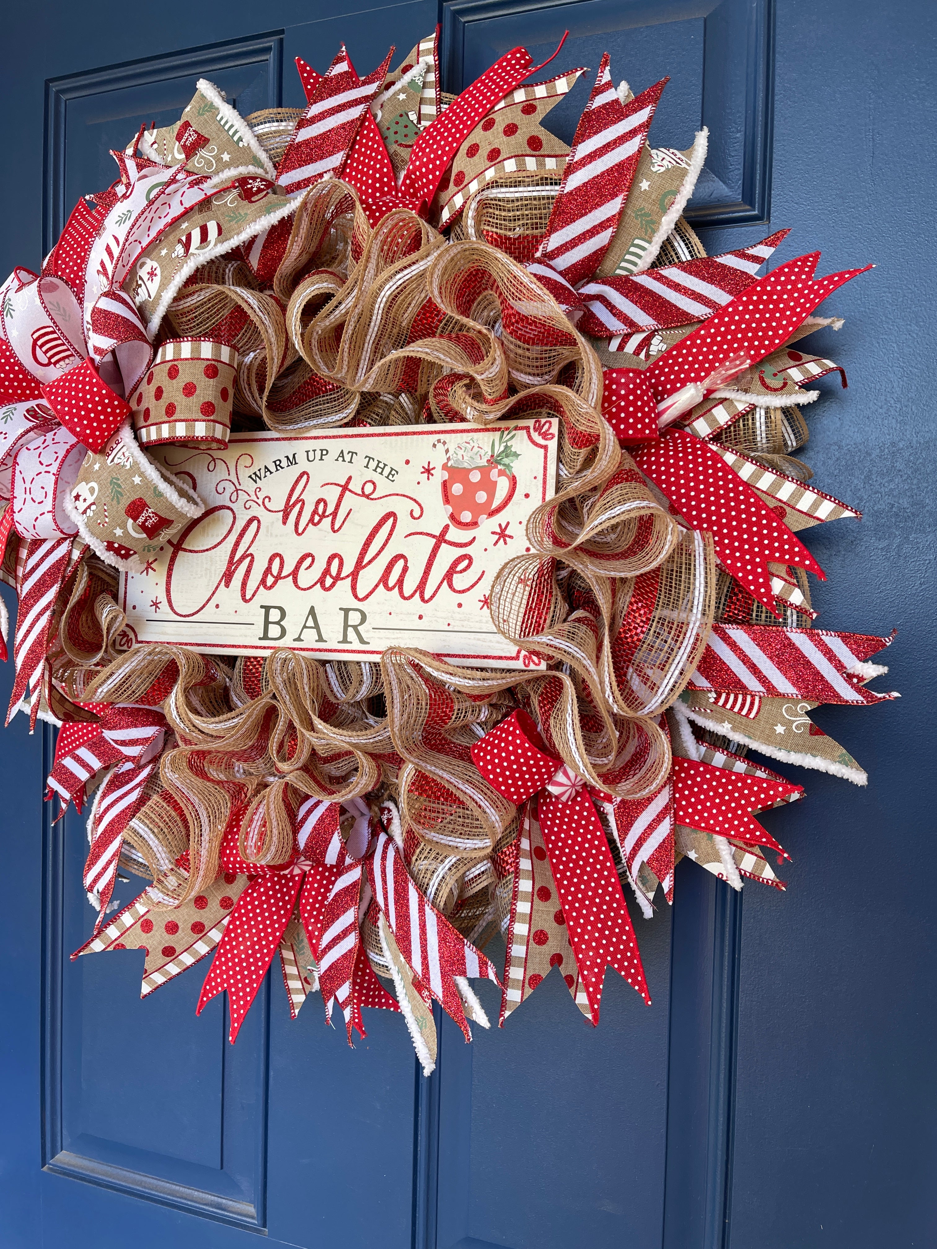 Right Side View of Hot Chocolate Bar Christmas Red, White and Tan, Deco Mesh Wreath on Blue Door