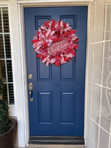  Red and White Twas the Night Before Christmas Wreath on a Blue Door