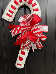  Red and White Candy Cane Chenille Yarn and Ribbon Christmas Wreath with Red and White Striped Bow for Front Door. 