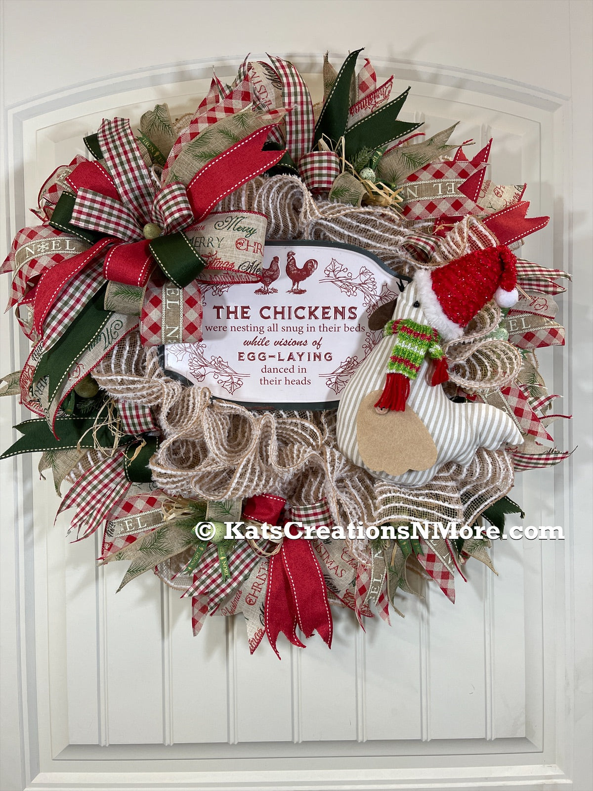 Red, White and Green Deco Mesh Christmas Chicken Wreath with Stuffed Chicken Wearing a Santa hat with Sign, The Chickens were nesting all snug in their beds while visions of egg laying danced in their heads. 