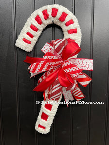  Red and White Candy Cane Chenille Yarn and Ribbon Christmas Wreath with Red and White Striped Bow for Front Door. 