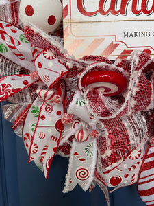 closeup of candy pieces on the candy cane Christmas wreath