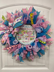 Peter Cottontail Easter Bunny Pastel Blue, Pink and White Bakery Deco Mesh Wreath 