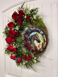 Right Side View of Red Roses with Green Ferns and White Babies Breath Kentucky Derby Run for the Race Wreath with round simulated stained glass sign on a White Door