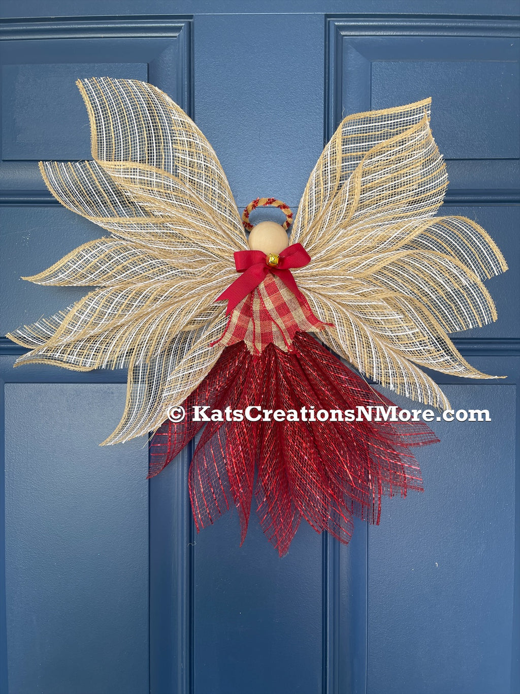 Rustic Farmhouse Jute Burlap and Red Metallic Angel Tree Topper with Red and Tan Plaid Apron, Red Bow, Gold Bell and Wooden Head on a Blue Door