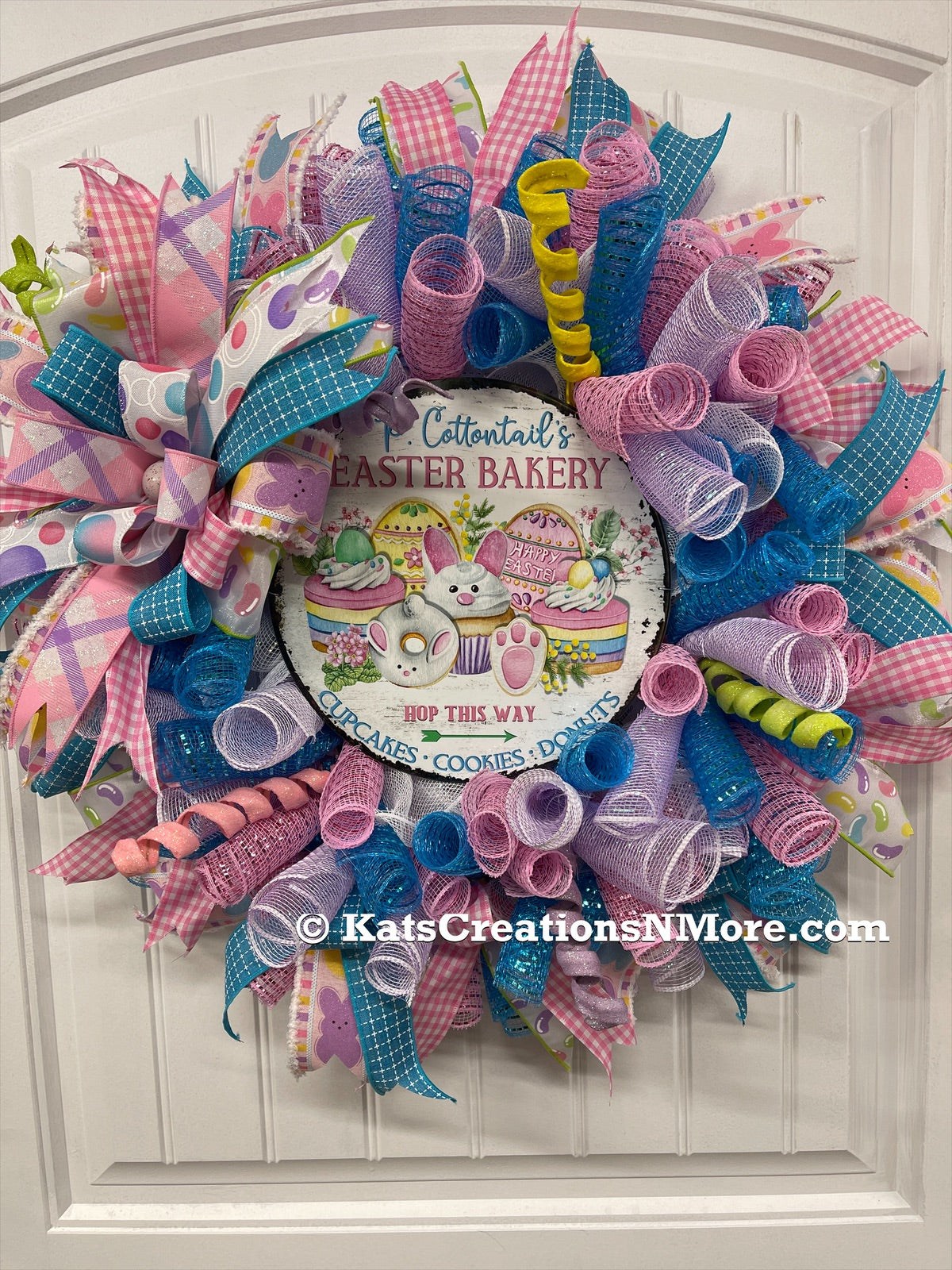 Peter Cottontail Easter Bunny Pastel Blue, Pink and White Bakery Deco Mesh Wreath 