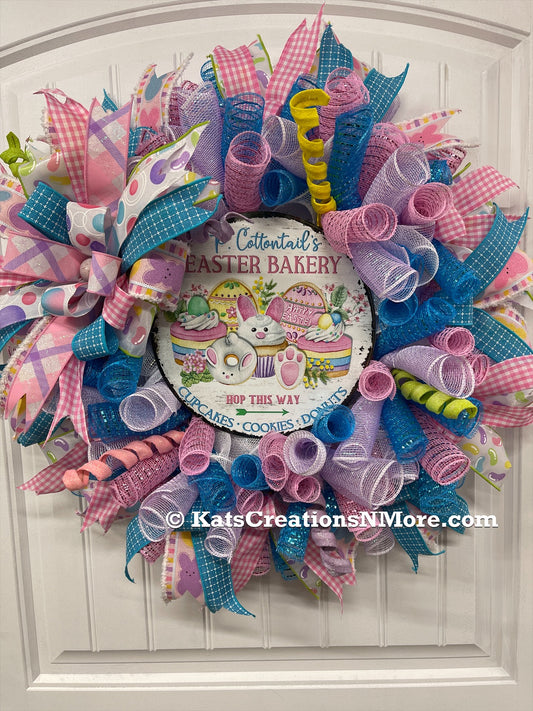 Peter Cottontail Easter Bunny Pastel Blue, Pink and White Bakery Deco Mesh Wreath 