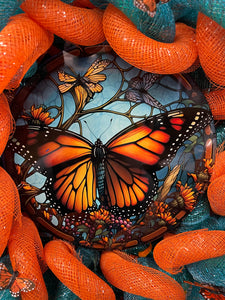 Close Up Detail of Simulated Stained Glass Monarch Butterfly  Sign