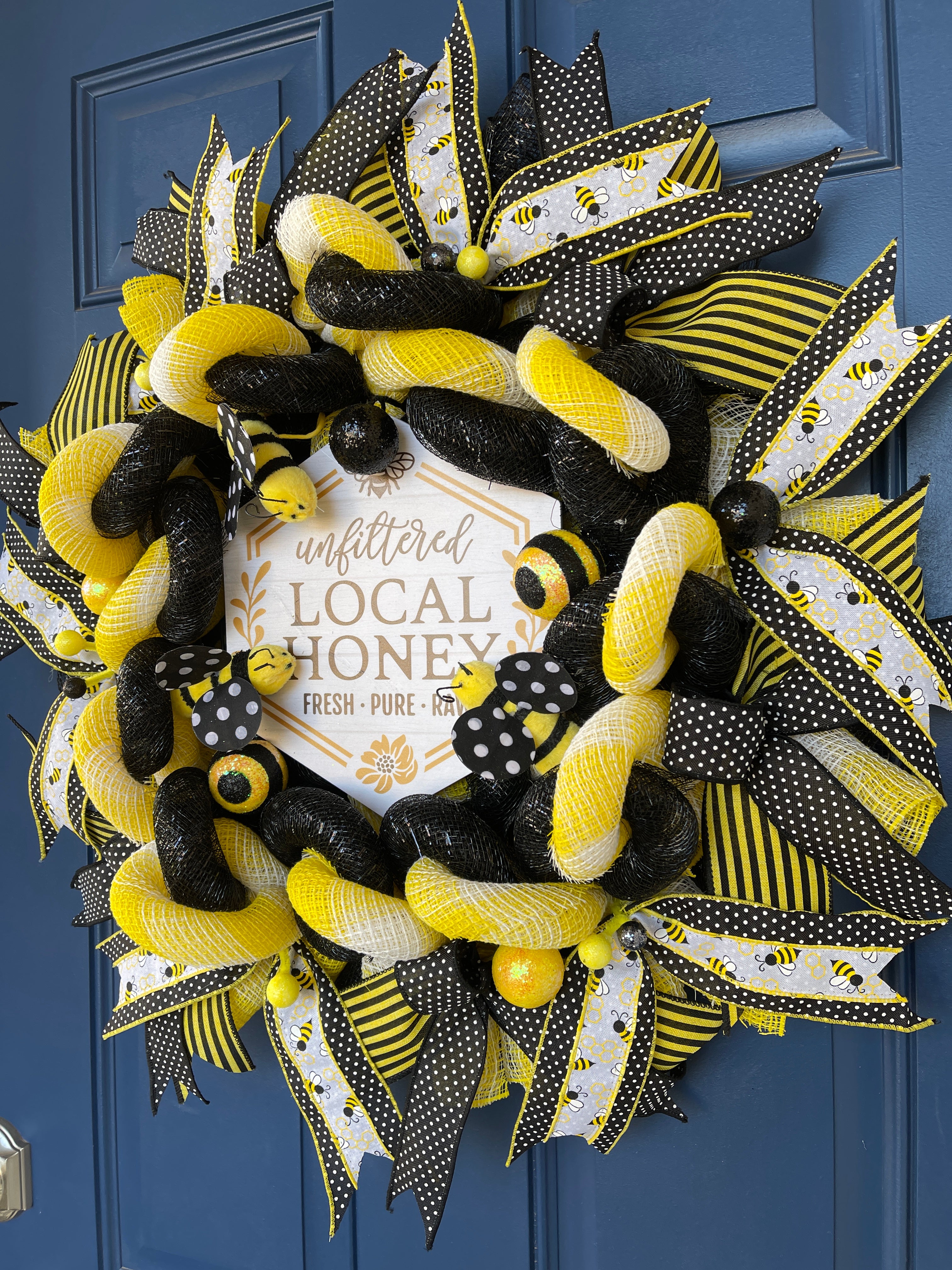 Right Side View of Bumble Bee Local Honey Black and White Wreath for Front Door