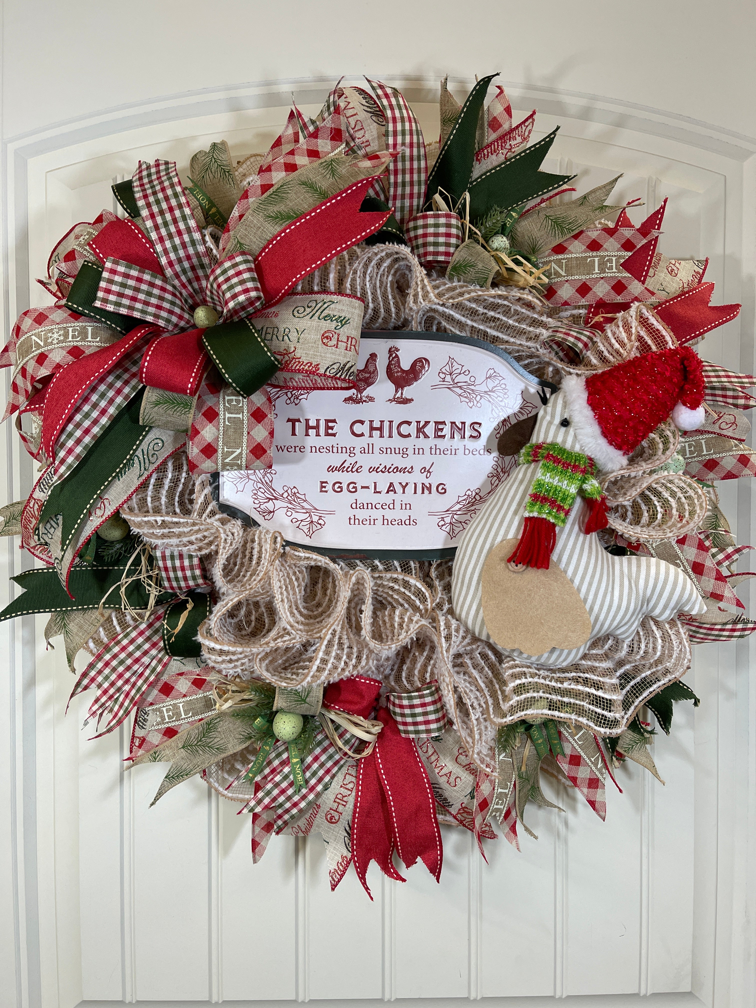 Red, White and Green Deco Mesh Christmas Chicken Wreath with Stuffed Chicken Wearing a Santa hat with Sign, The Chickens were nesting all snug in their beds while visions of egg laying danced in their heads.