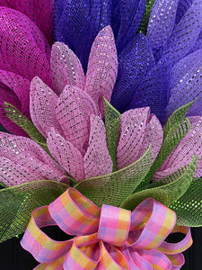 Close Up Detail of Purple, Fuchsia, and Lavender Deco Mesh Tulip Flower Wreath with a Pink, Purple and Yellow Plaid Bow